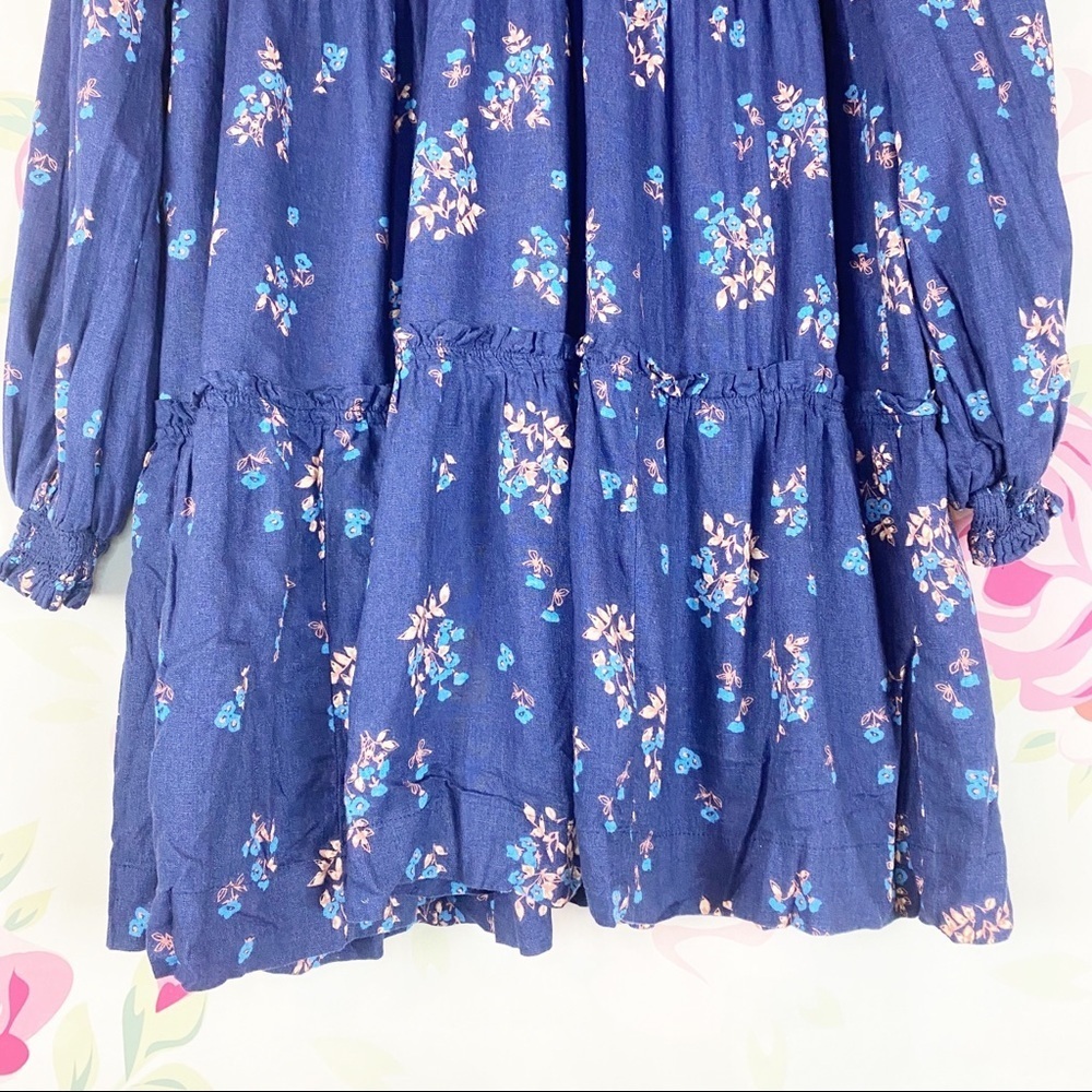 NEW Free People Petit Fours Indigo Blue Floral Linen Mini Dress M - Picture 6 of 11